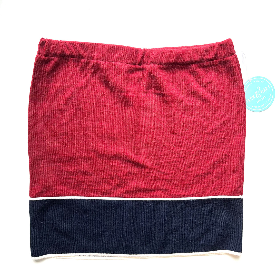 Red with blue and white striped bun warmer skirt