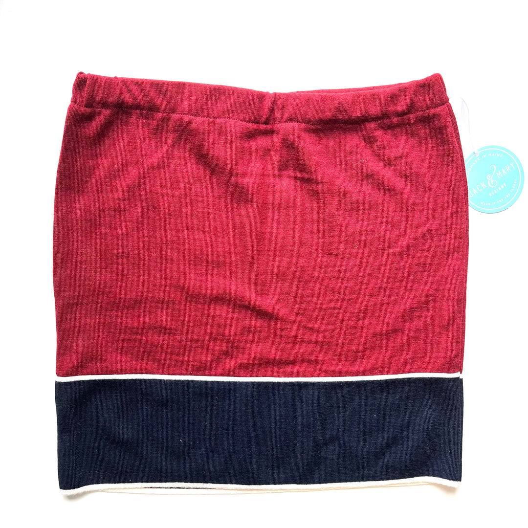 Red with blue and white striped bun warmer skirt