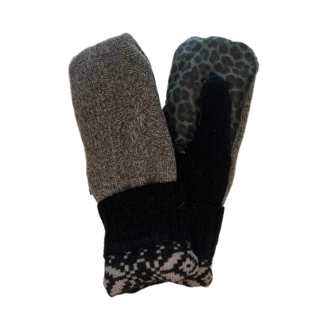 Womens Driving Mittens Grey Cable Knit with Cheetah Print