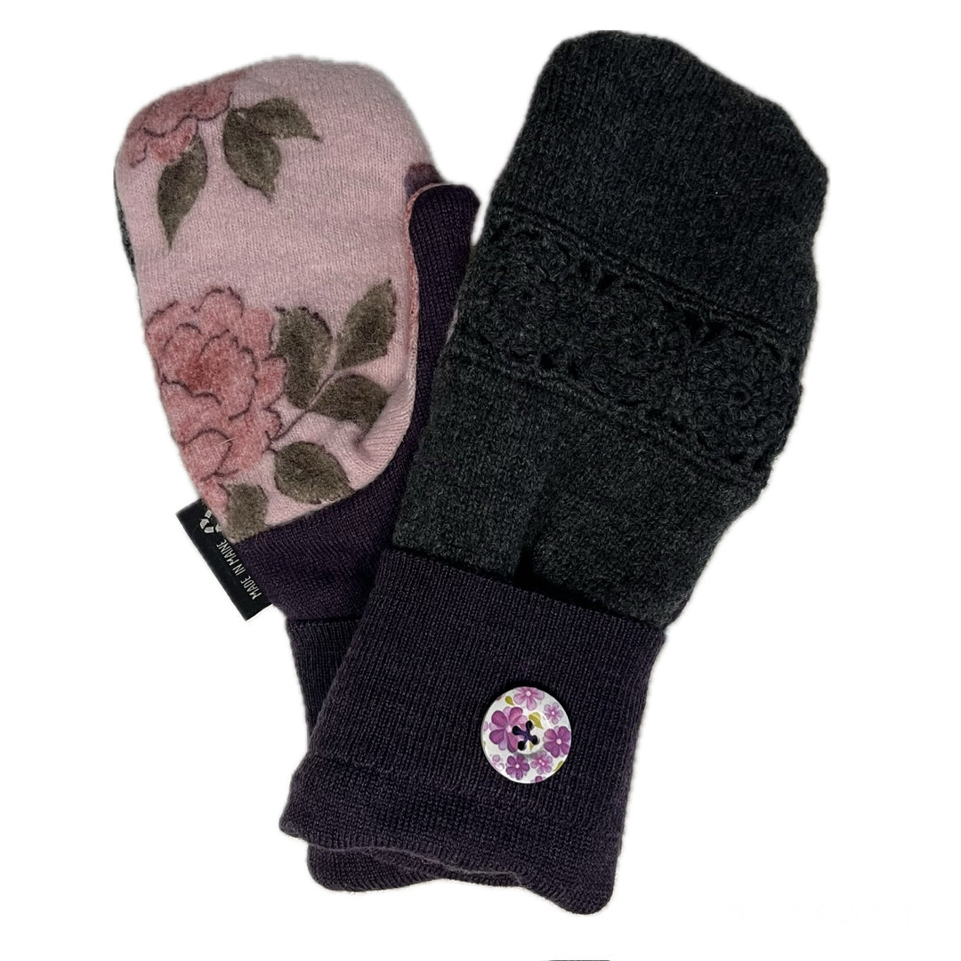 Womens Mittens with Grey and Purple Flower Pattern