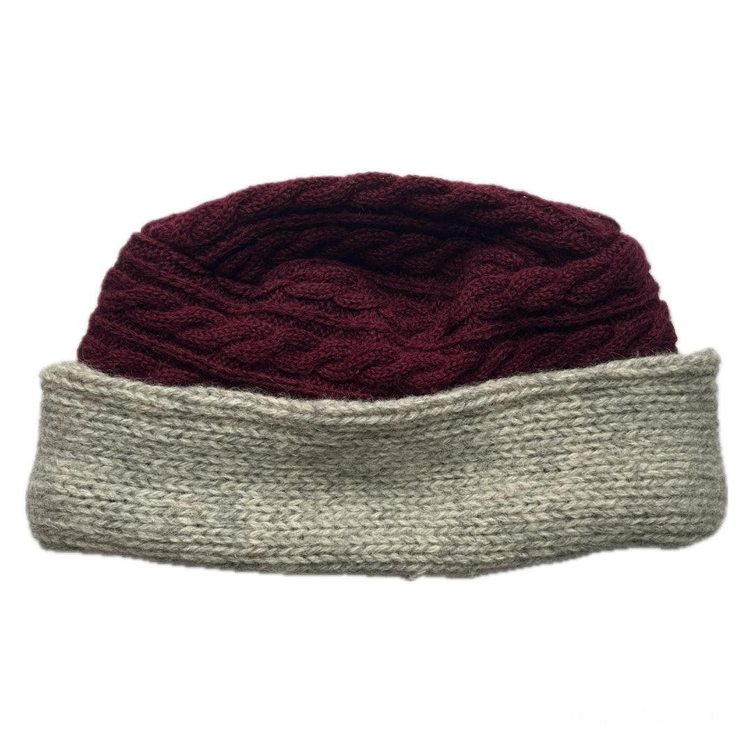 Kids Hat Maroon Cable Knit with Grey Band