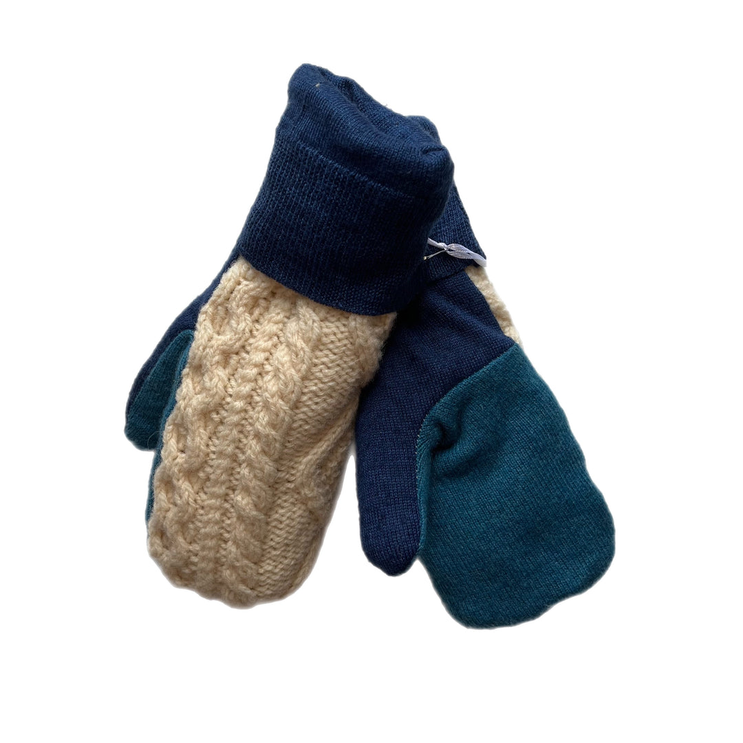 Womens Sherpa Lined Mittens Cream and Blue