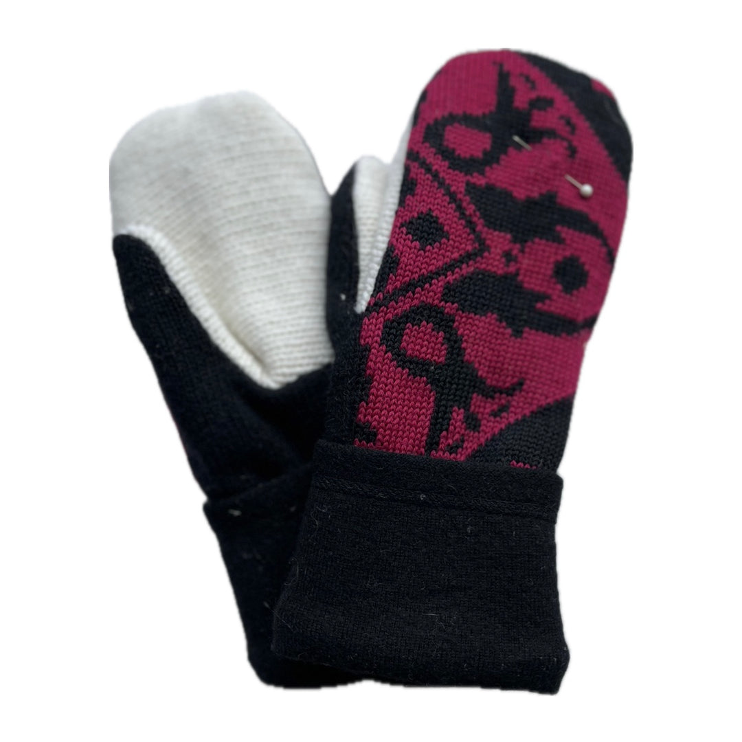 SALE Women's Mittens - Black & Maroon Pattern Small Stitching Repair - 1595