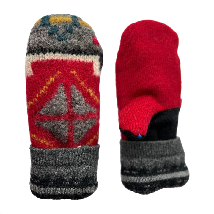 SALE Sherpa Lined Sweater Mittens - Red, Grey and Black Pattern  - 001