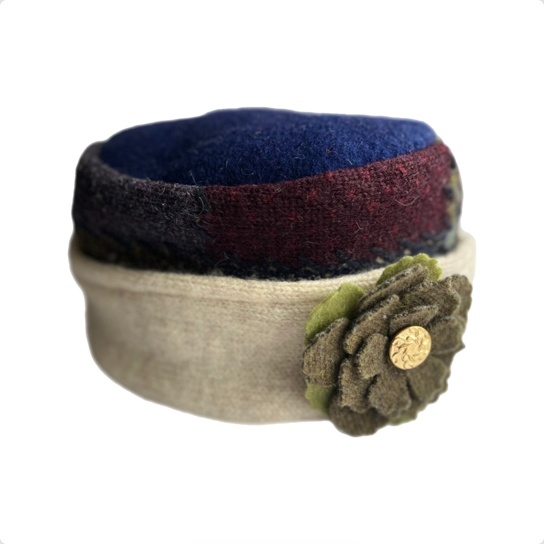 Women's Hat with Green Flower - Blue, Maroon & Cream - 66 | One Size