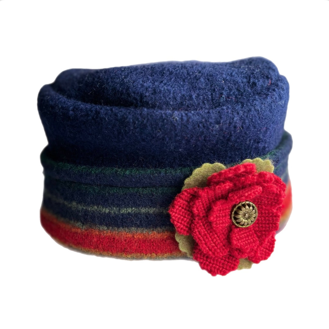 Women's Hat with Red Flower - Blue with Red & Green Stripes - 67 | One Size