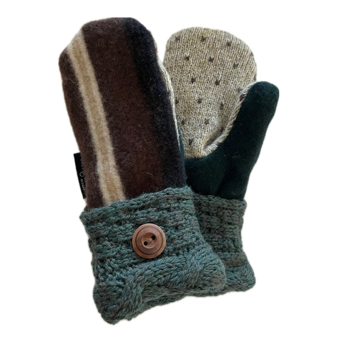Women's Mittens Petite with Buttons - Brown, Cream & Blue-Green - 583