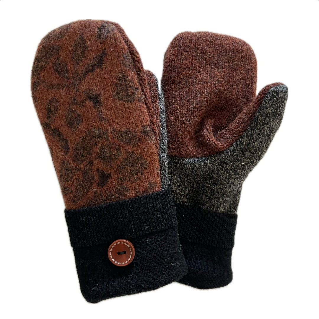 Women's Mittens Petite with Buttons - Burnt Orange & Black - 581