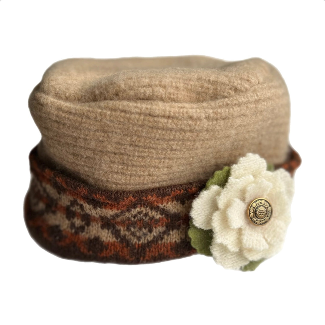 Women's Hat with Cream Flower - Camel with Orange & Brown Pattern - 71 | One Size