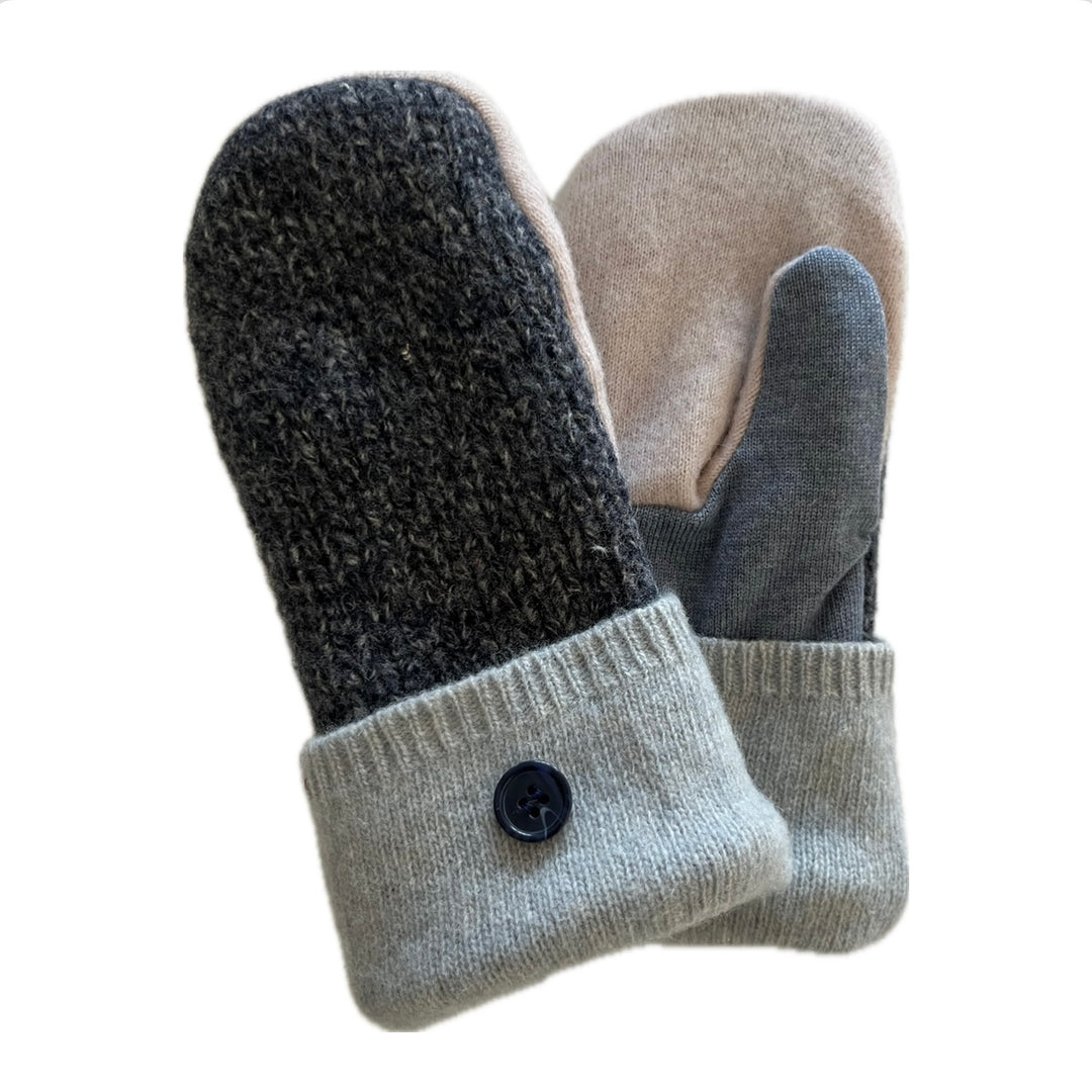 Women's Mittens Petite with Buttons - Charcoal & Light Grey - 582