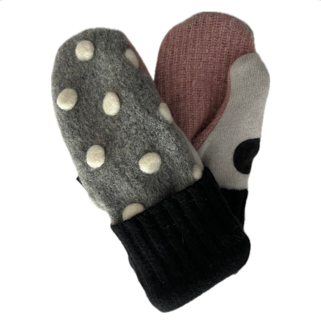 Women's Mittens - Grey & Pink with White Spots - 1555 M/L
