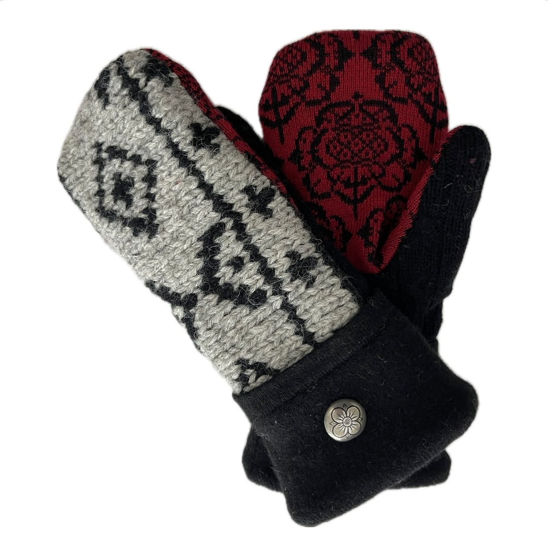 Women's Mittens - Grey, Black & Red Pattern with Button - 1582 M/L