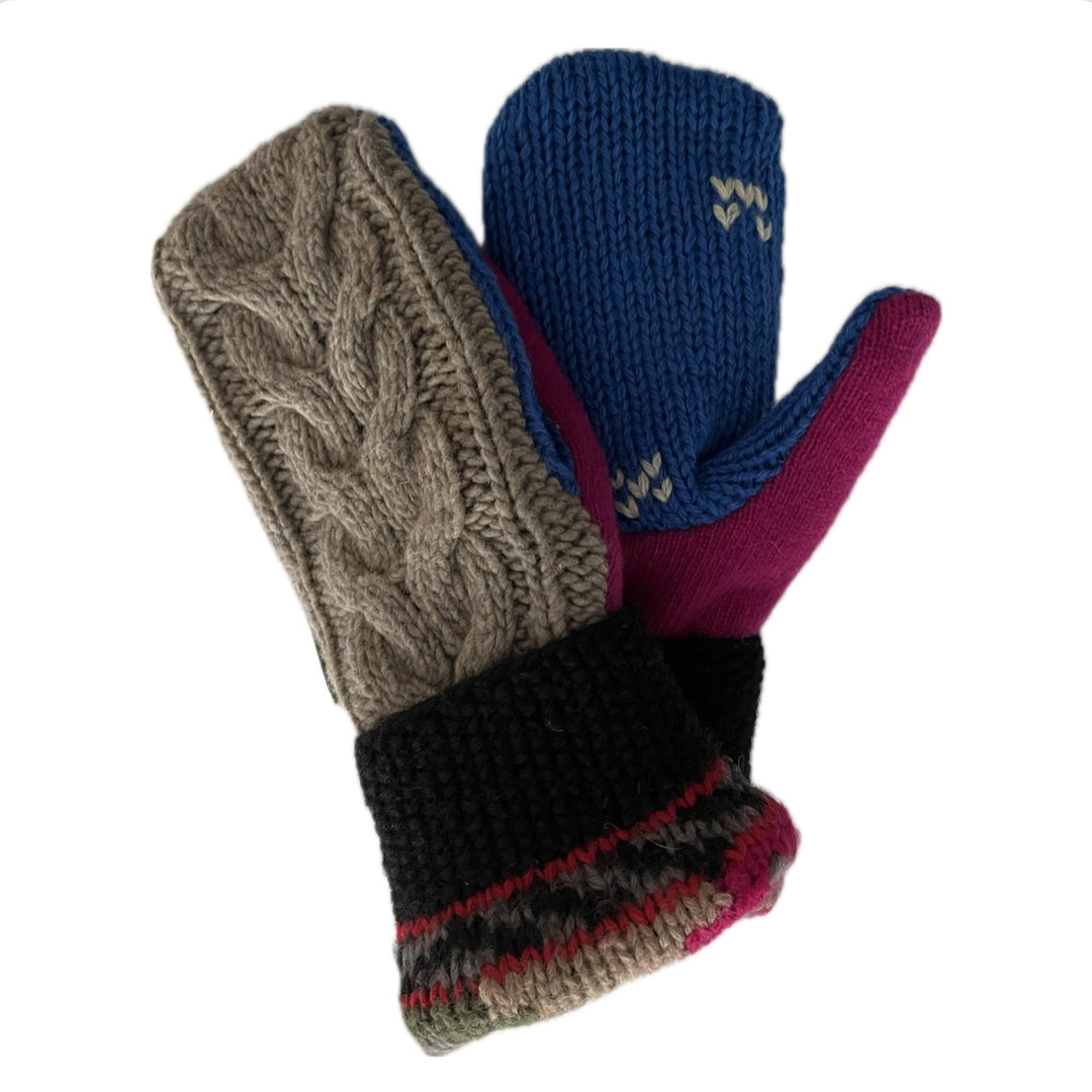 Women's Mittens - Grey Cable Knit with Blue & Magenta - 1563 M/L