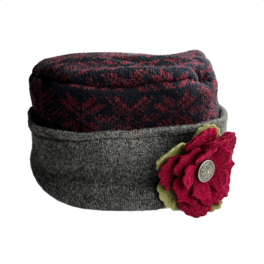 Women's Hat with Red Flower - Grey with Black & Red Pattern - 74 | One Size