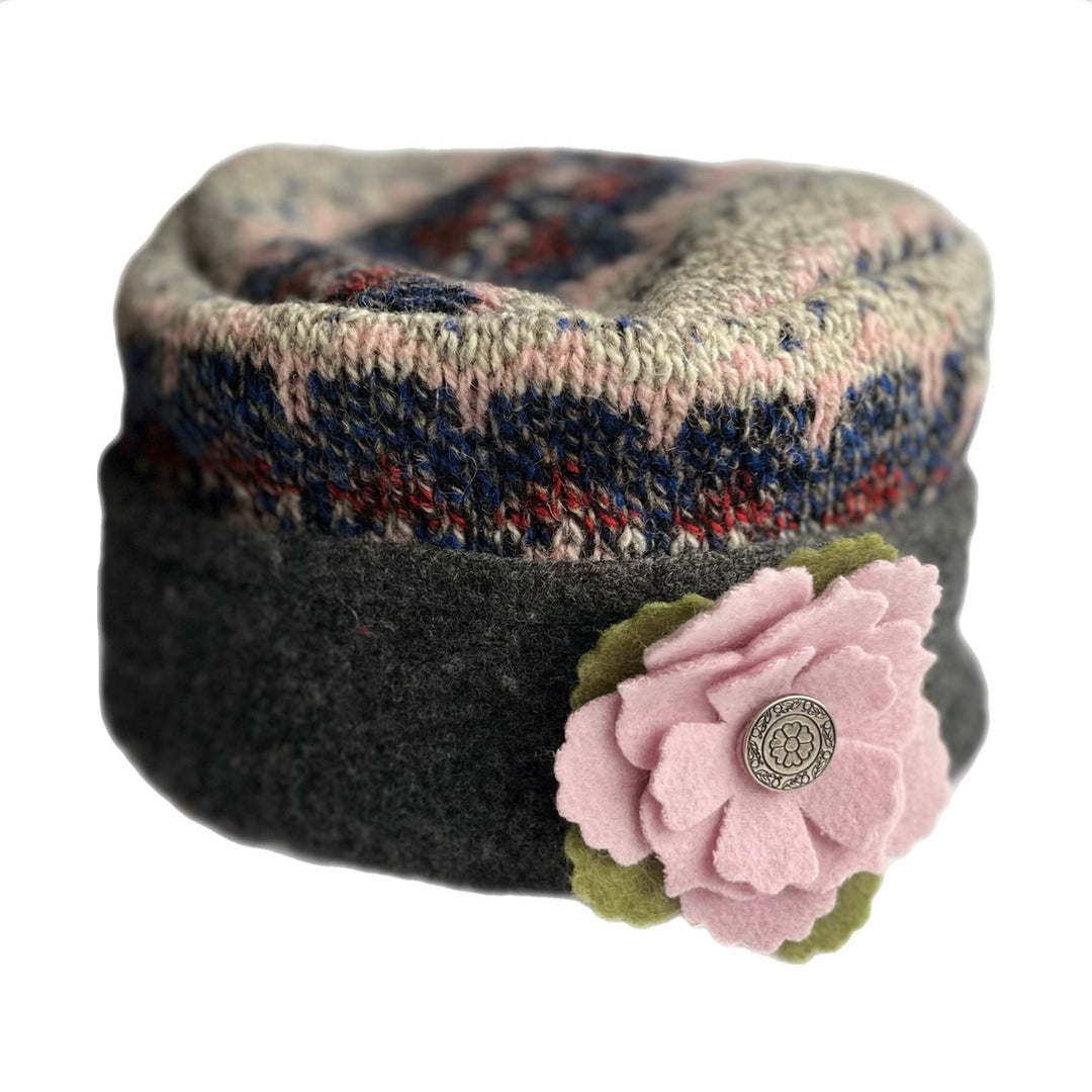 Women's Hat with Pink Flower - Grey with Blue & Pink Pattern - 69 | One Size
