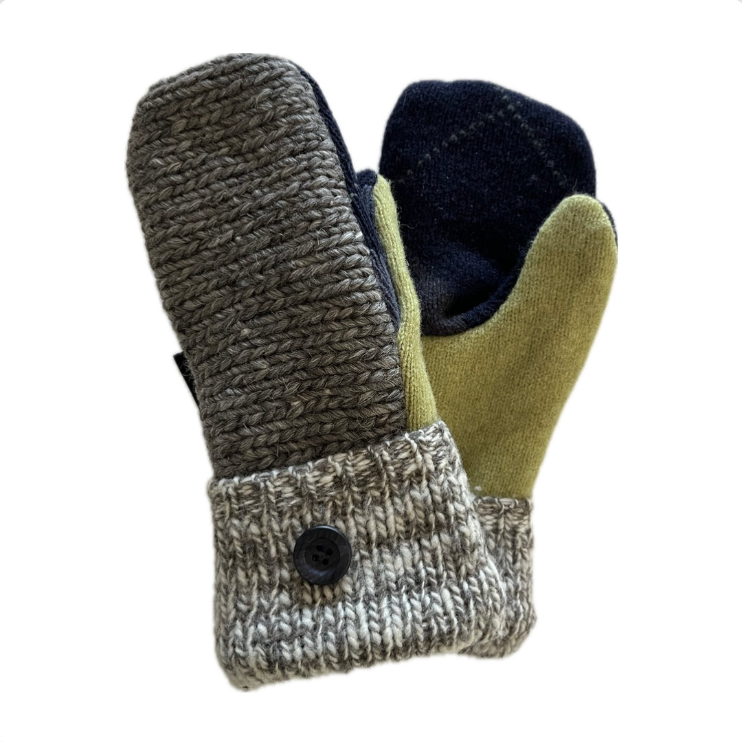Women's Mittens Petite with Buttons - Grey, Navy & Yellow-Green - 579