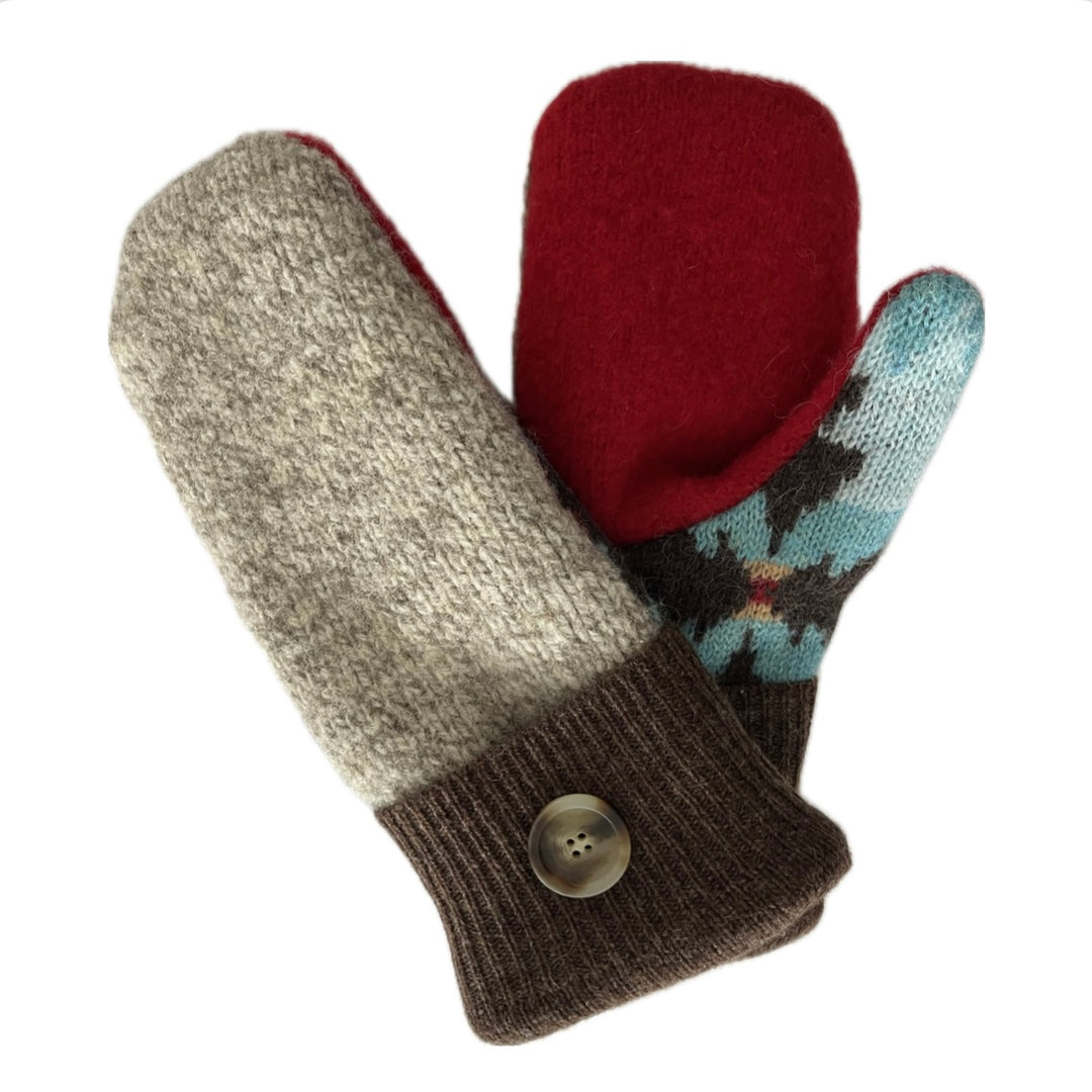 Women's Mittens - Heather Grey, Brown & Red with Button - 1586 M/L