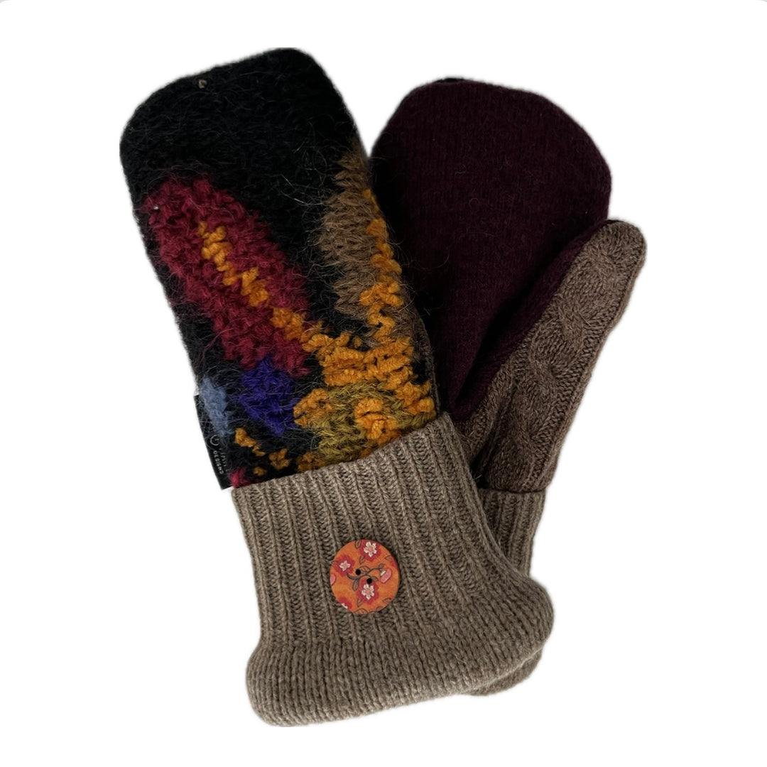 Women's Mittens - Maroon, Yellow & Beige Pattern - 1571 M/L