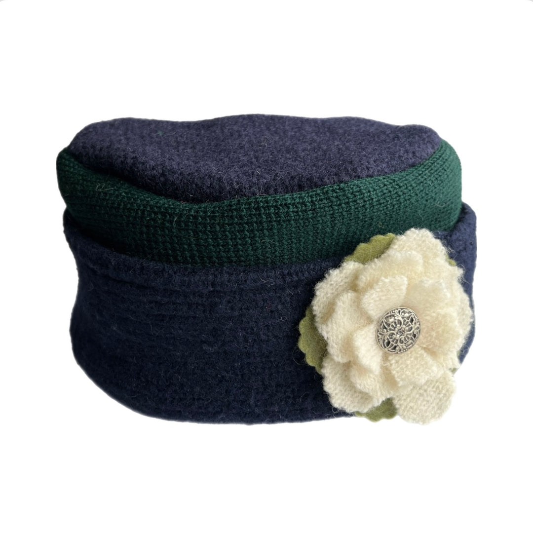Women's Hat with Cream Flower - Navy & Green - 70 | One Size