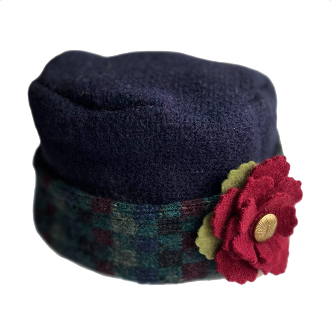 Women's Hat with Red Flower - Navy with Maroon & Blue Checkered Pattern - 68 | One Size