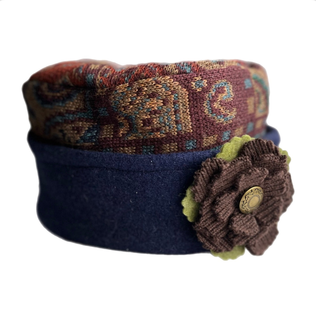 Women's Hat with Brown Flower - Navy with Maroon & Camel Pattern - 75 | One Size