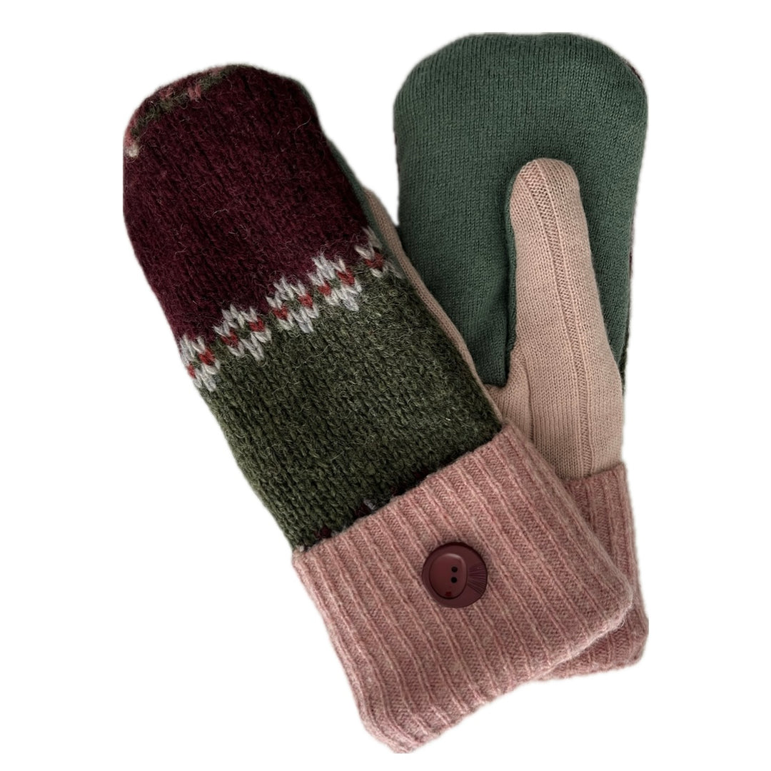 Women's Mittens - Pink, Green & Maroon Pattern with Button - 1579 M/L