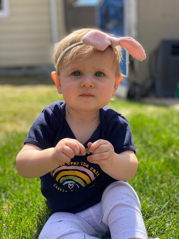 Little girl wearing a Hair Bow in Periwinkle Cashmere 