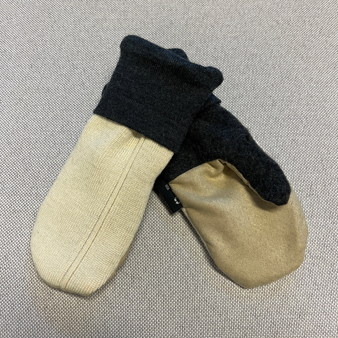 Women's Driving Mittens - Cream & Charcoal with Tan micro-suede palm - 056 M/L