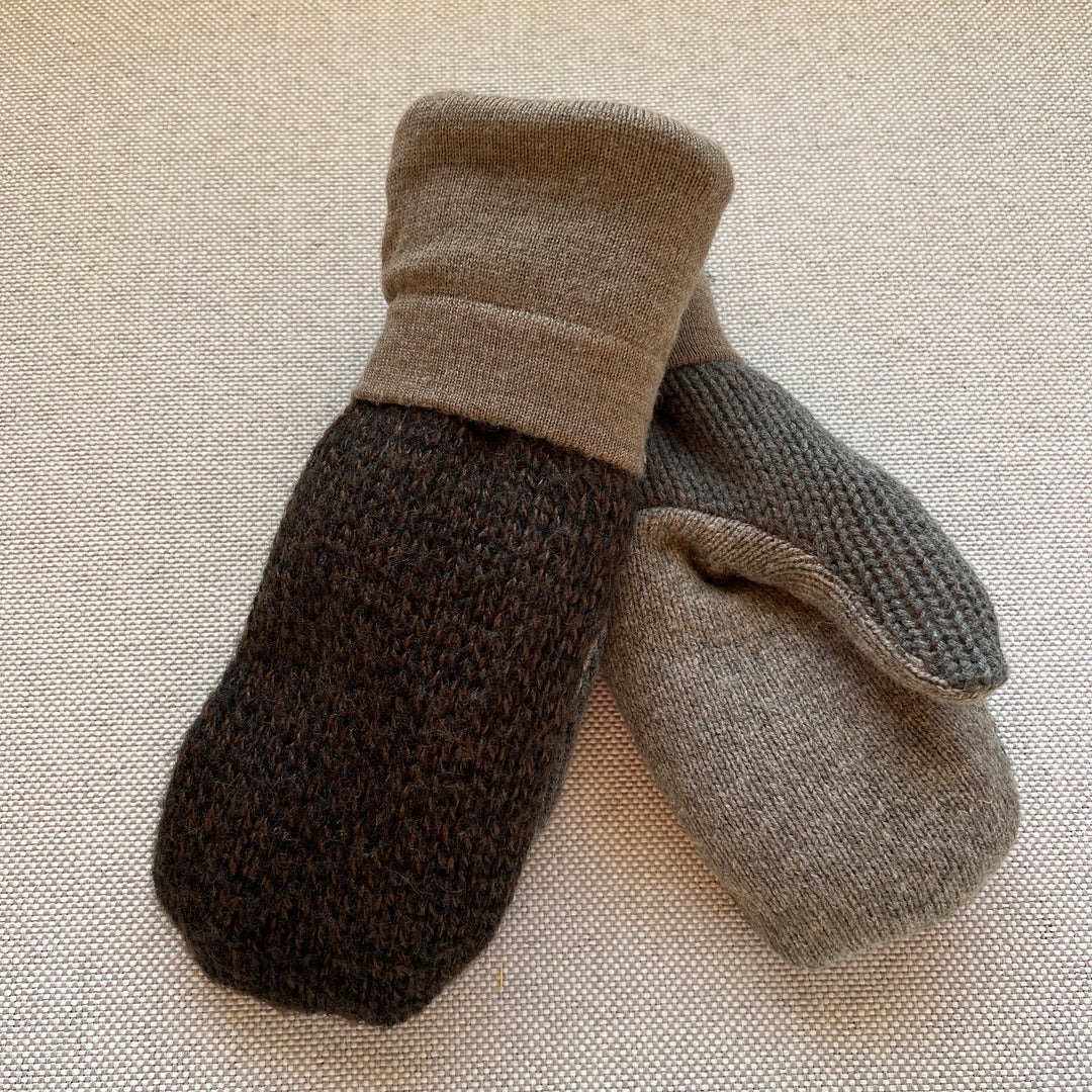 recycled sweater mittens, lined with cozy sherpa fleece, shades of brown