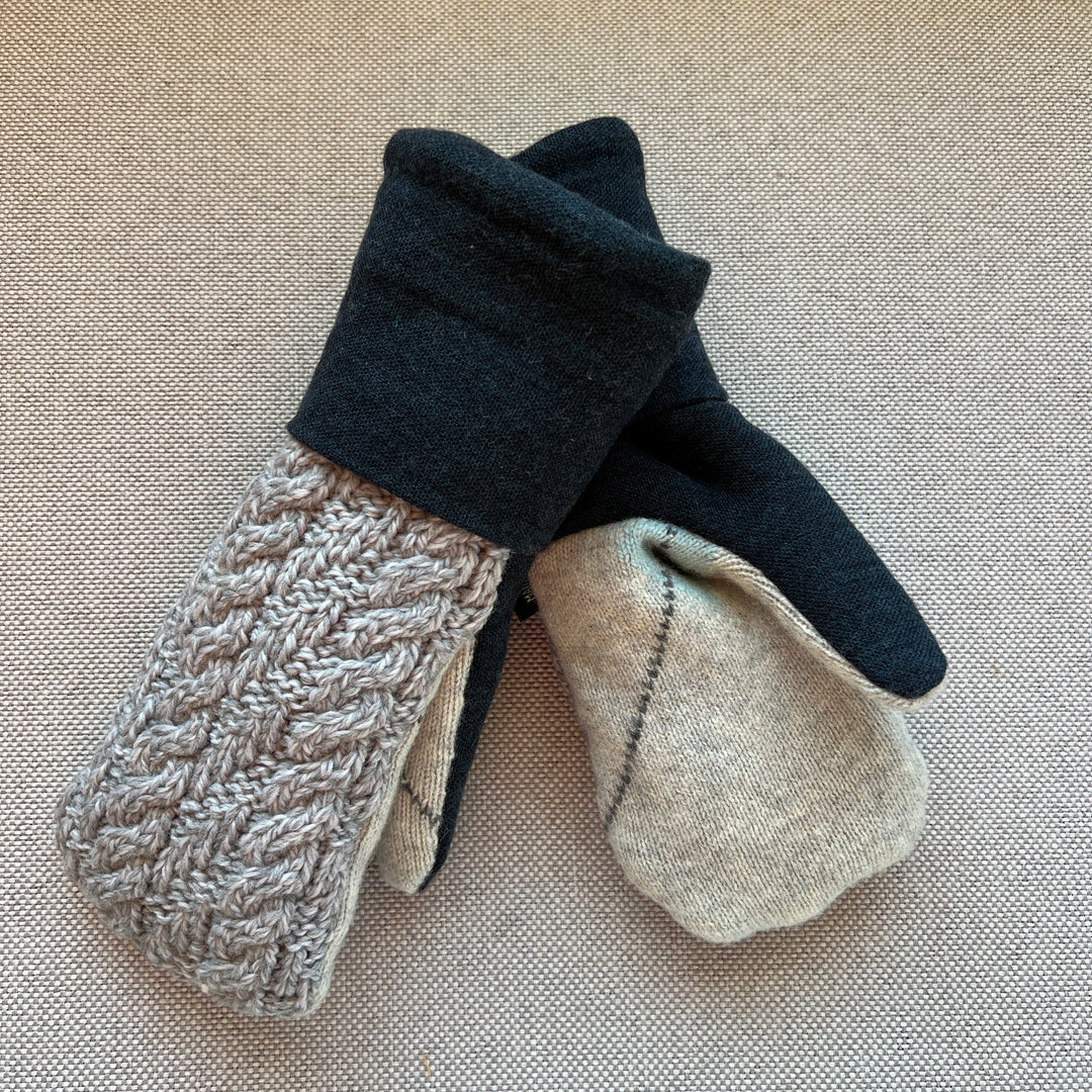 recycled sweater mitten, lined with cozy sherpa fleece, navy & grey