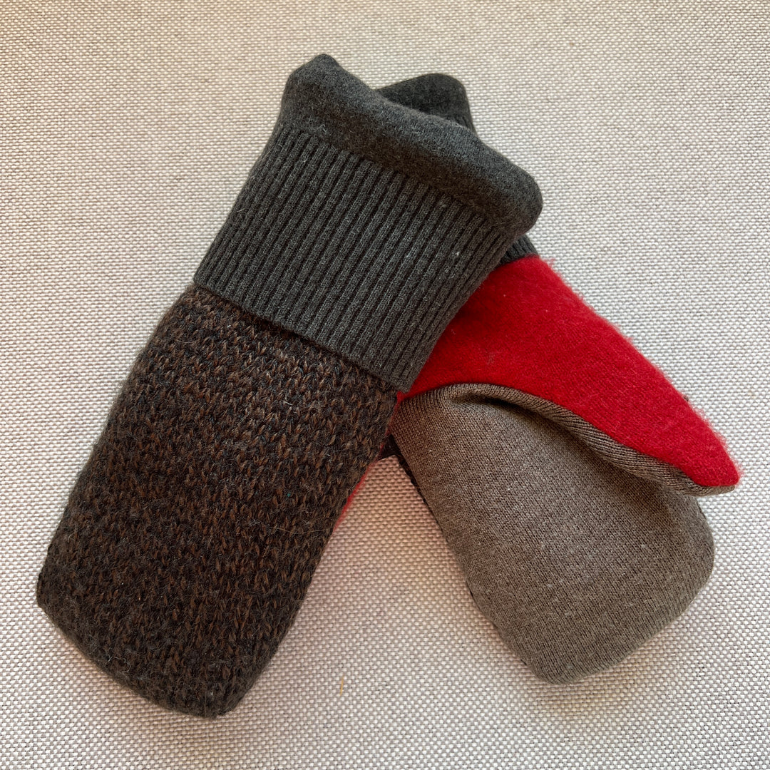 recycled sweater mittens, lined with cozy sherpa fleece, charcoal, brown & rusty red