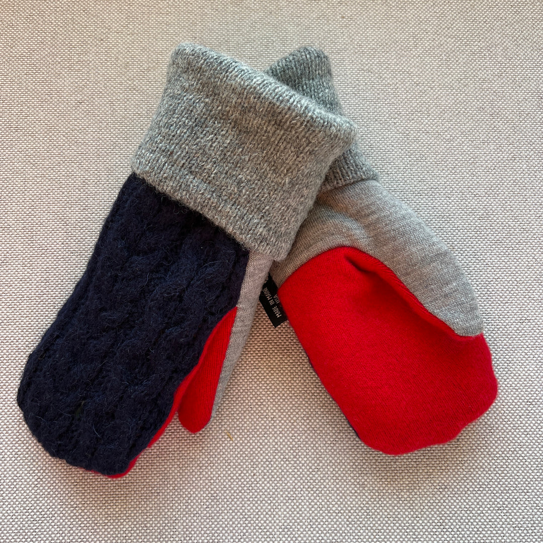 recycled sweater mittens, lined with cozy sherpa fleece, grey, navy & red