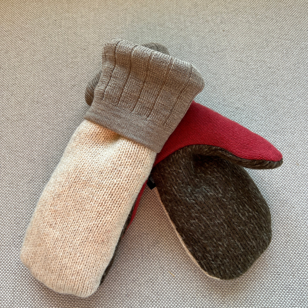 recycled sweater mittens, lined with cozy sherpa fleece, tan, cream, green & salmom