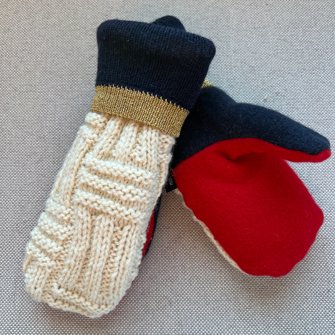 recycled sweater mittens, lined with cozy sherpa fleece, irish cream, navy, gold & red