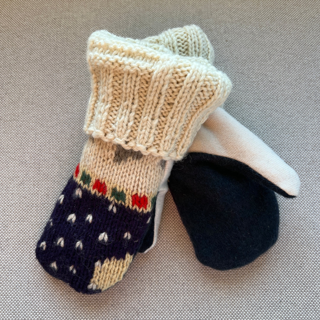 recycled sweater mittens, lined with cozy sherpa fleece, Cream, Navy, Red & Green