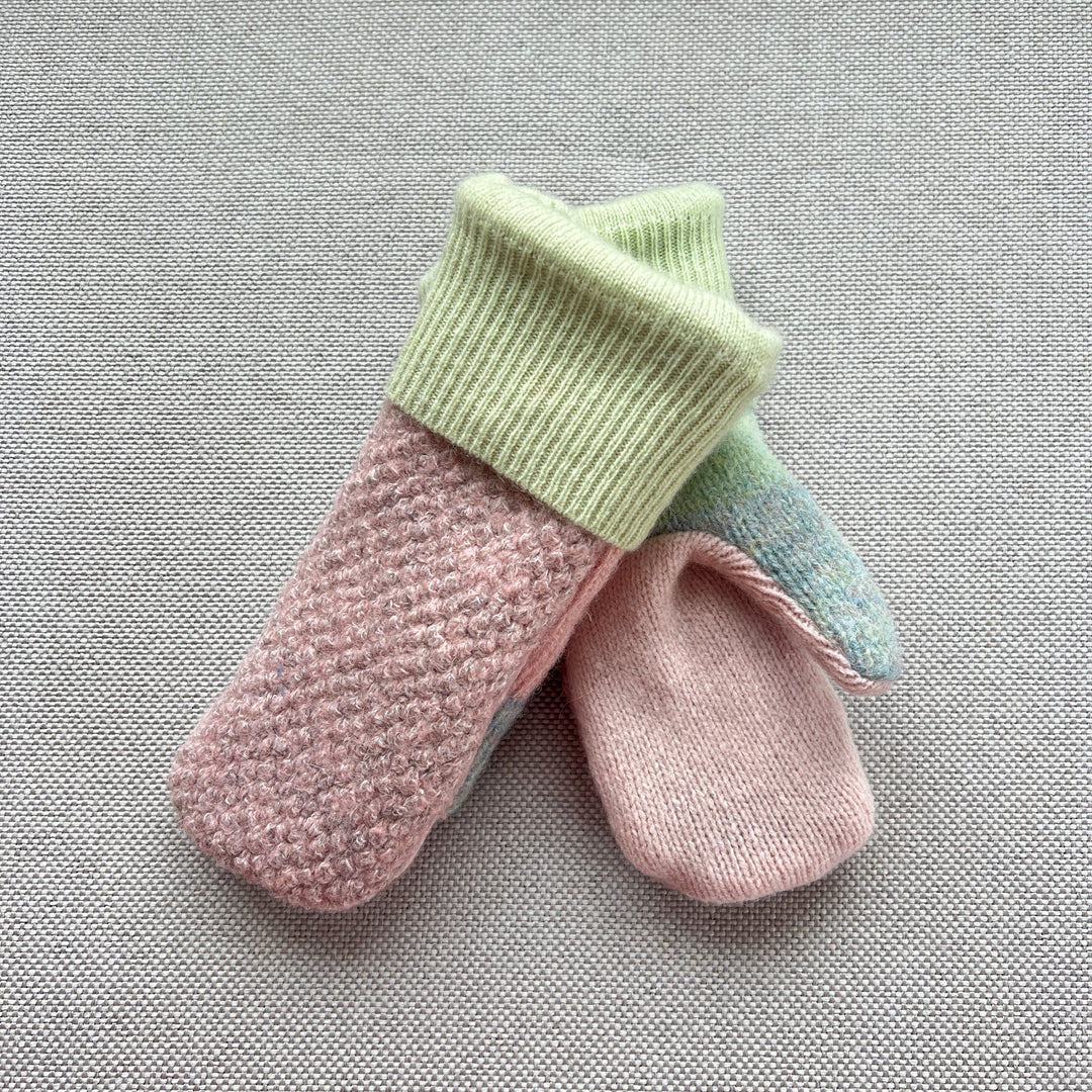 Kids Small recycled wool sweater mittens in pink & green 251