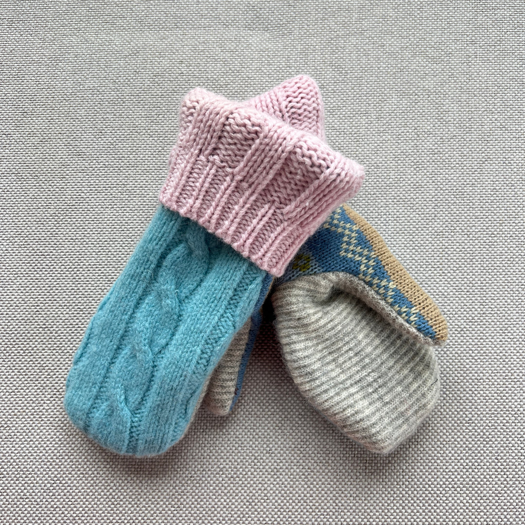kids recycled sweater mittens,Sky Blue, Pink & Grey, 254