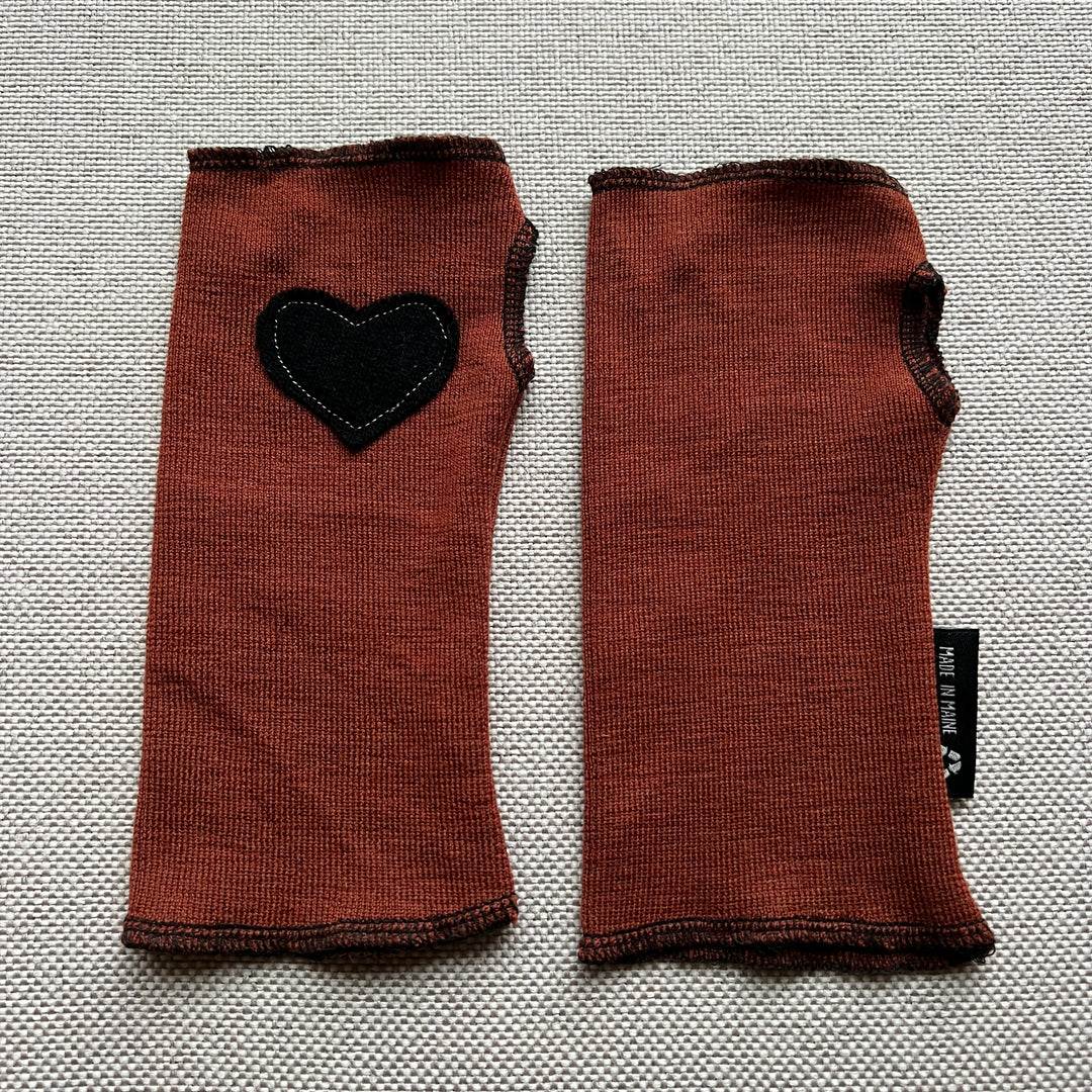 Fingerless Mittens Short, Rusty Orange with Black Heart