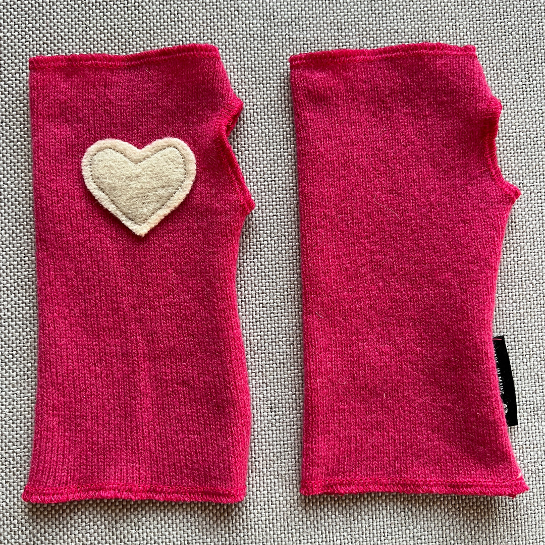 Fingerless Mittens Short Hot Pink with Cream with Purple Heart 322