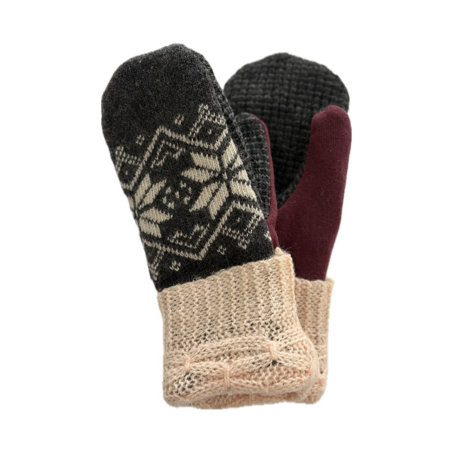 Women's Mittens - Charcoal & Cream Nordic with Maroon  - 1653