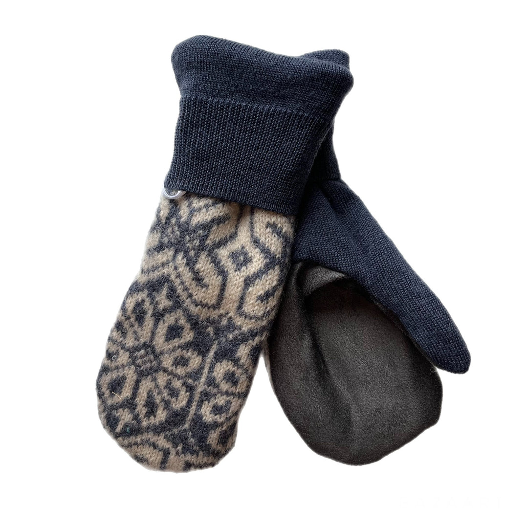 Cream and Blue and Dark Grey Womens Driving Mittens