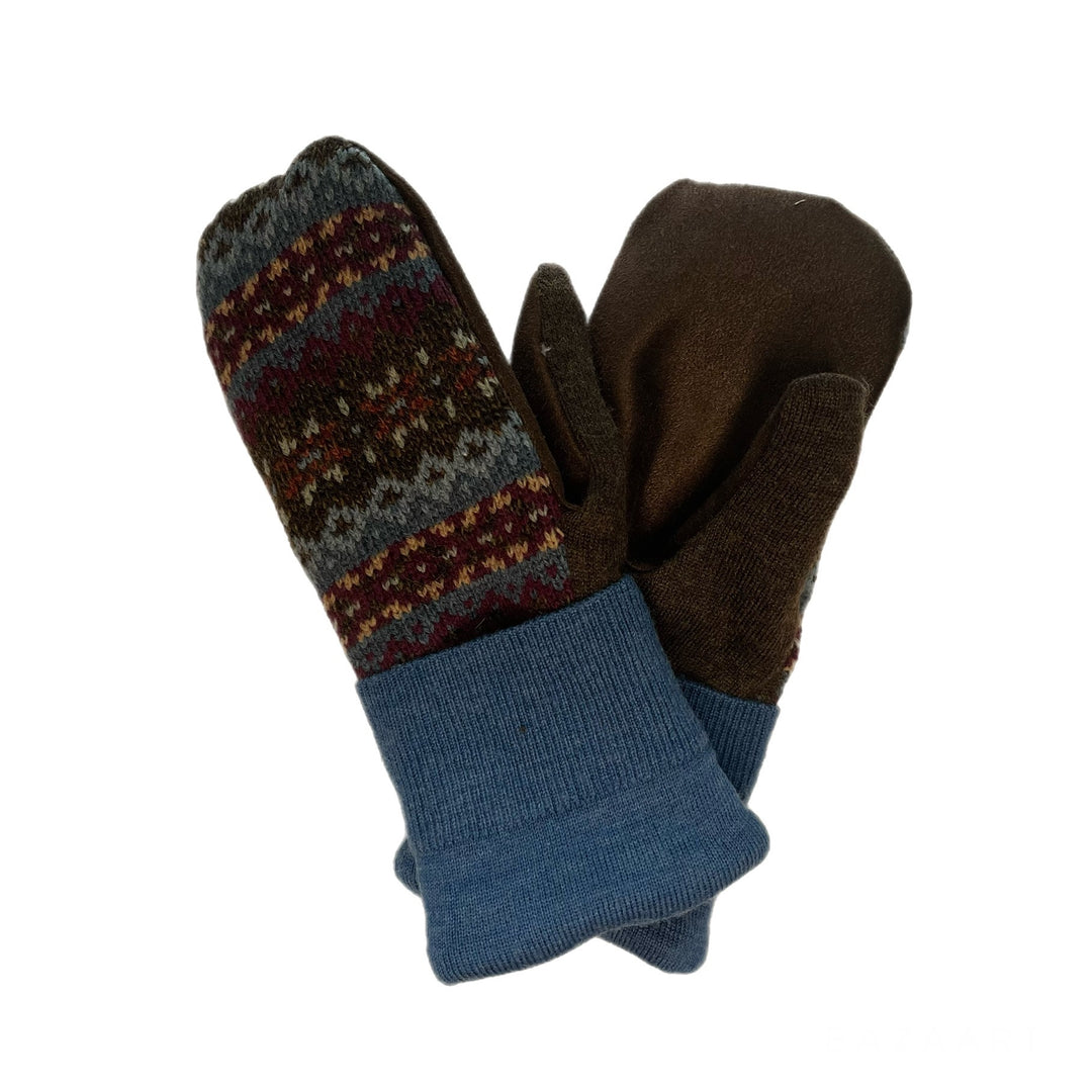 Womens Driving Mittens Blue Nordic with Brown