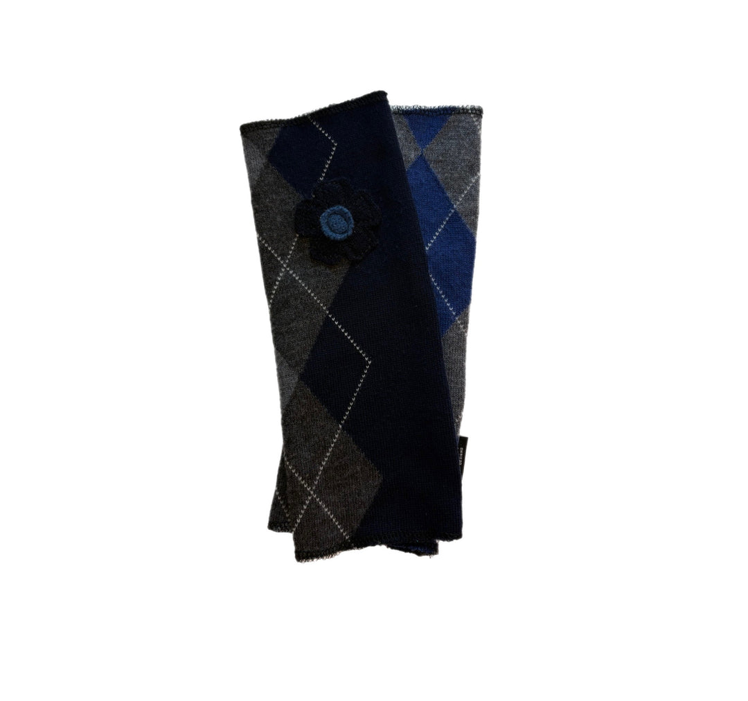 Long Fingerless Mittens - Shades of Grey, Black & Blue Argyle with Black Flower - 173