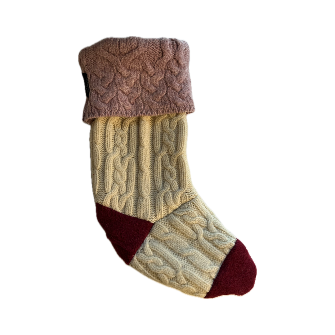 Christmas Stocking - Cream Cable Knit with Pink & Red - 080