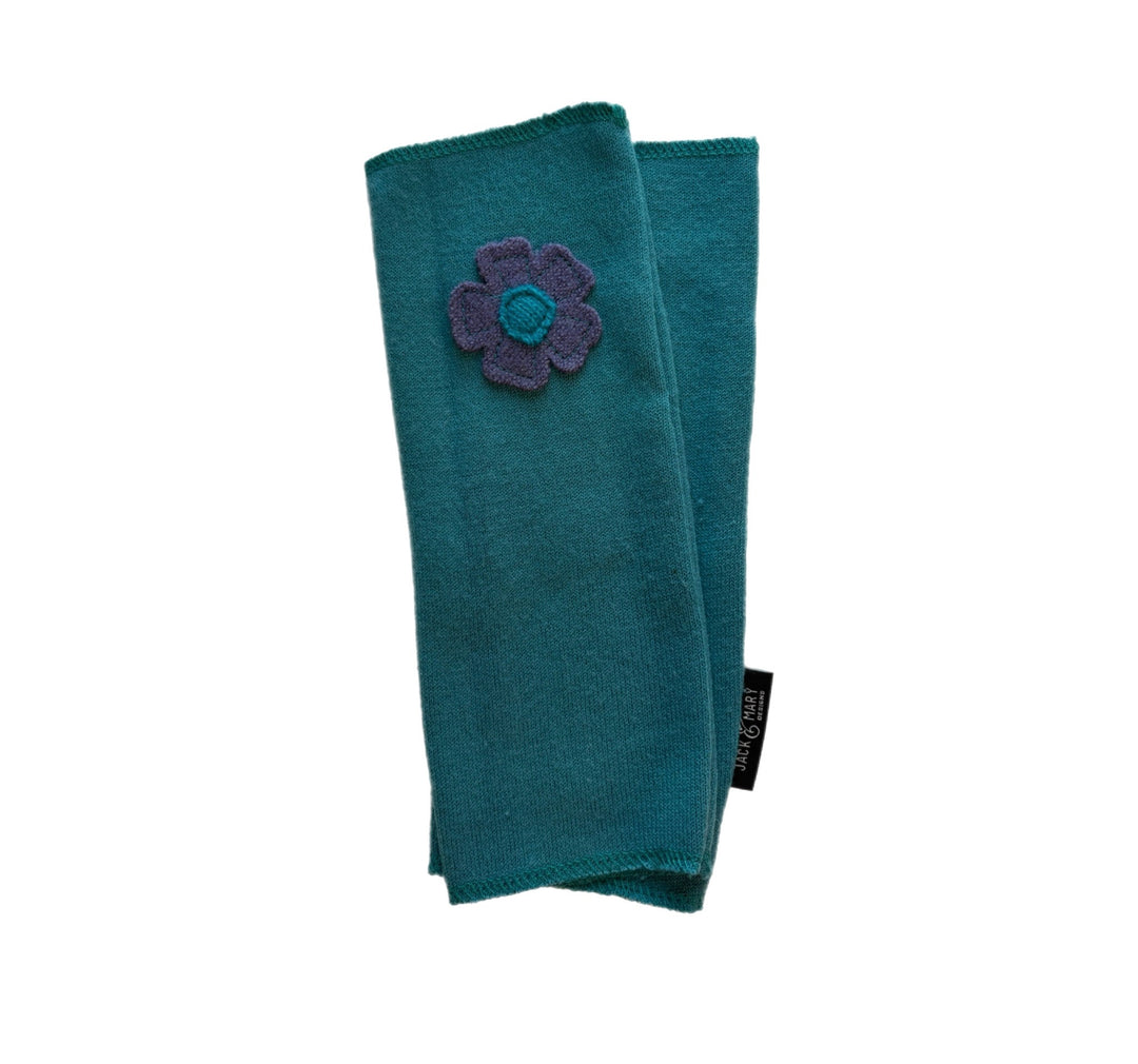 Long Fingerless Mittens - Teal with Dusty Purple Flower - 166