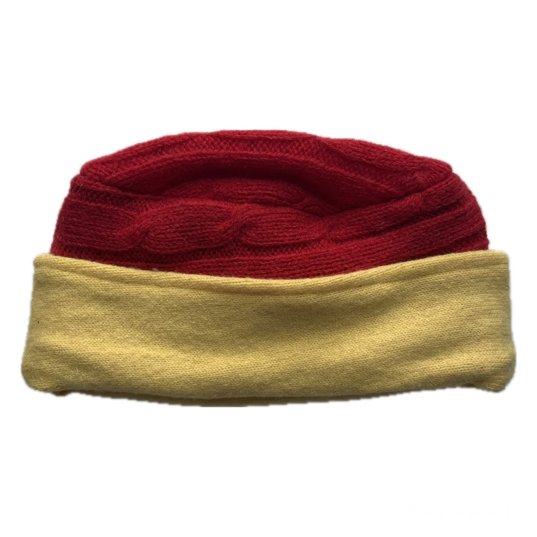Kids Hat Red Cable Knit with Yellow Band