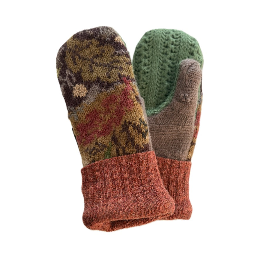 Women's Mittens - Multicolor Pattern with Green Cable Knit Palm  - 1676