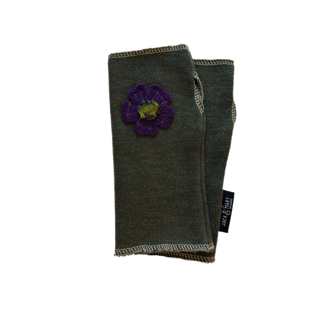 Short Fingerless Mittens - Dark Green with Purple Flower - 308