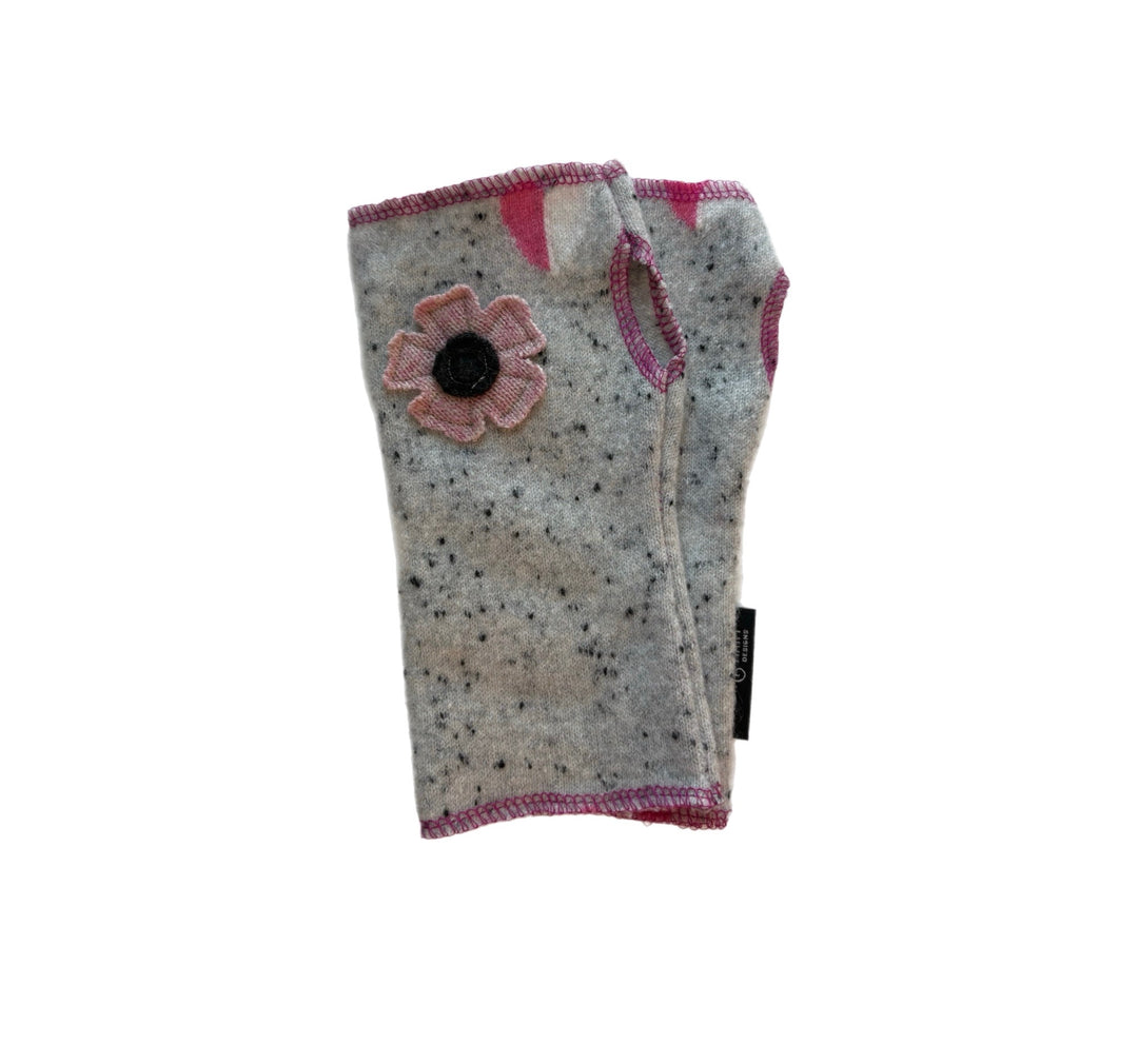 Short Fingerless Mittens - Grey & Black Speckled with Pink Heart & Pink Flower - 01