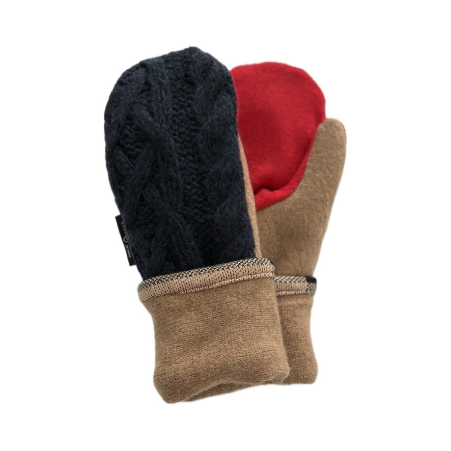 Women's Mittens - Grey Cable Knit with Red & Camel - 1645